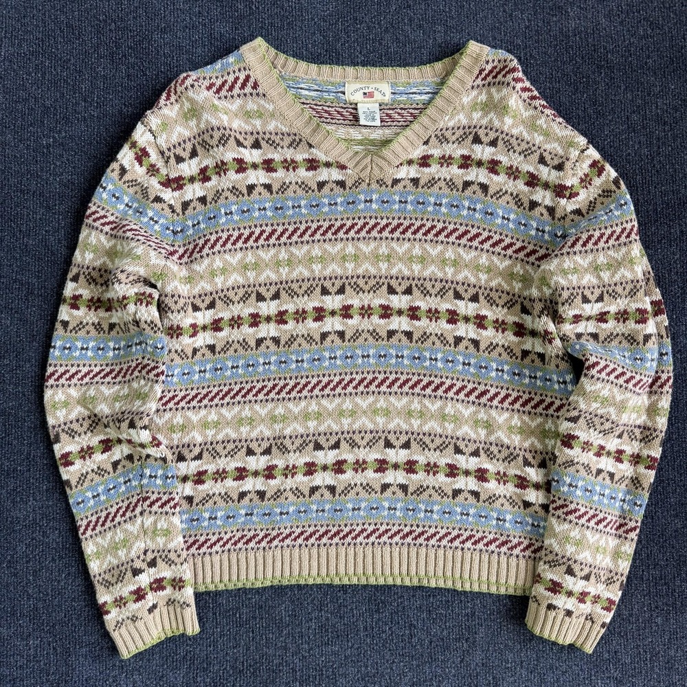 Vintage County Seat Sweater Women Large Multicolor Fair Isle Ramie Knit Pullover